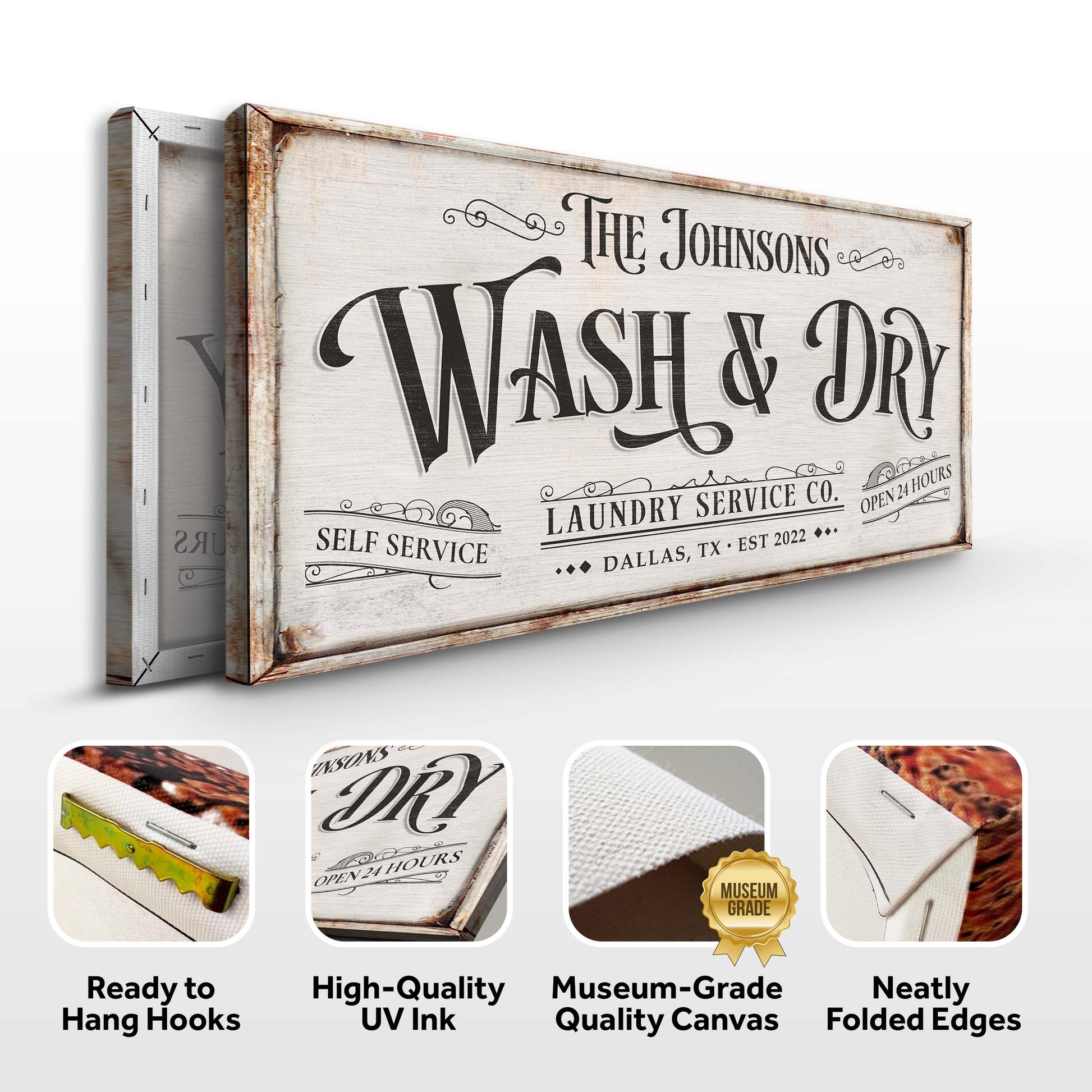Personalized Laundry Service Sign canvas by Tailored Canvases with rustic whitewashed wood frame on Tampa Home & Garden Store