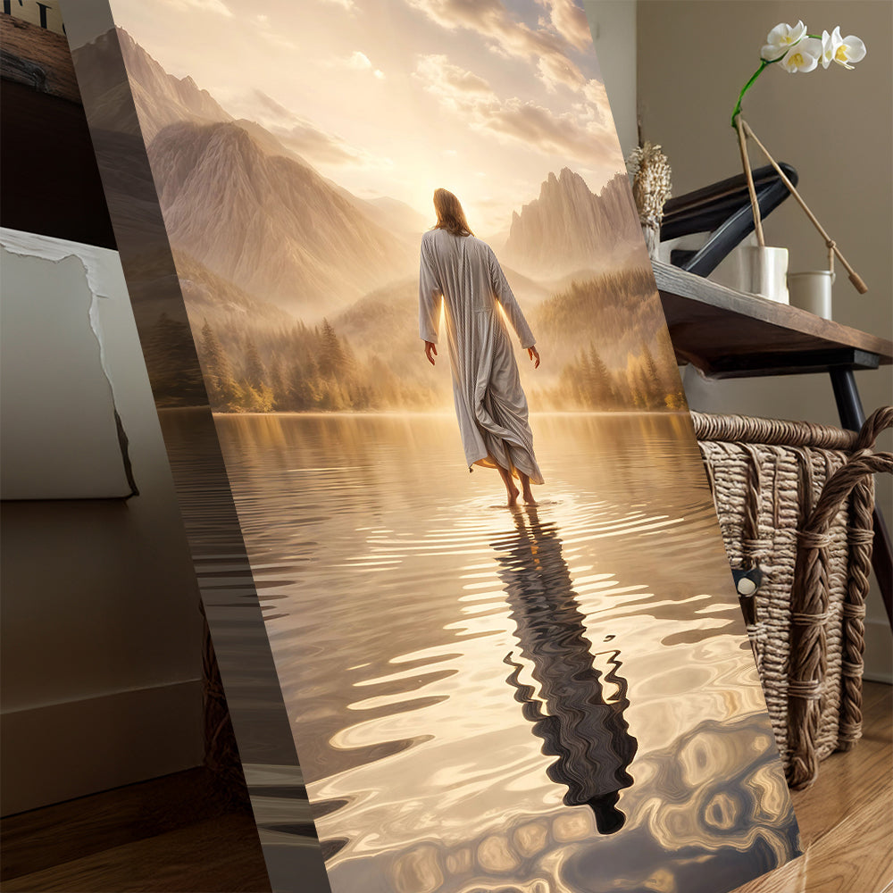Canvas Reflections Faith Wall Art IV by Tailored Canvases, gray-robed figure walking on golden water on Tampa Home & Garden Store