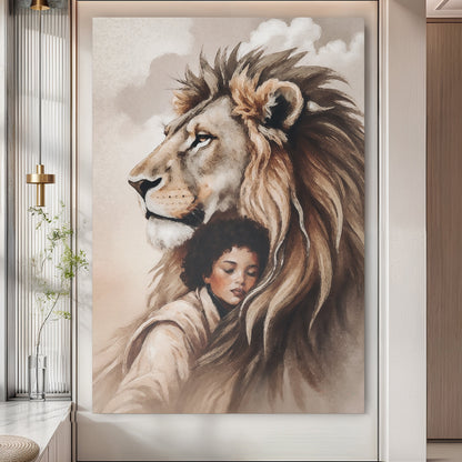Lion And Girl Faith Wall Art canvas by Tailored Canvases with a bold lion and serene girl on Tampa Home & Garden Store