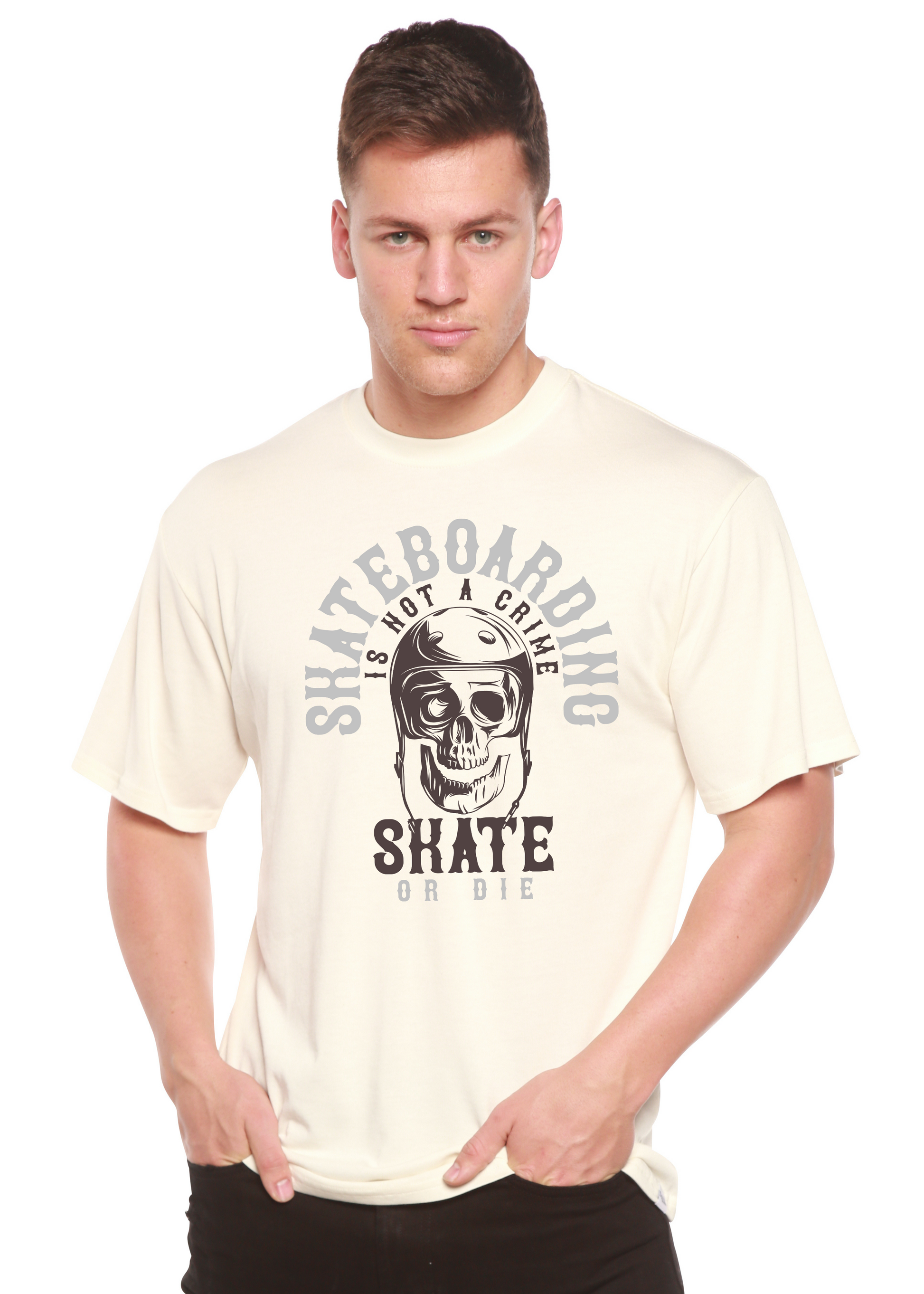 Men's skateboarding graphic T-shirt in cream, bamboo viscose/organic cotton by Spun Bamboo on Tampa Home & Garden Store
