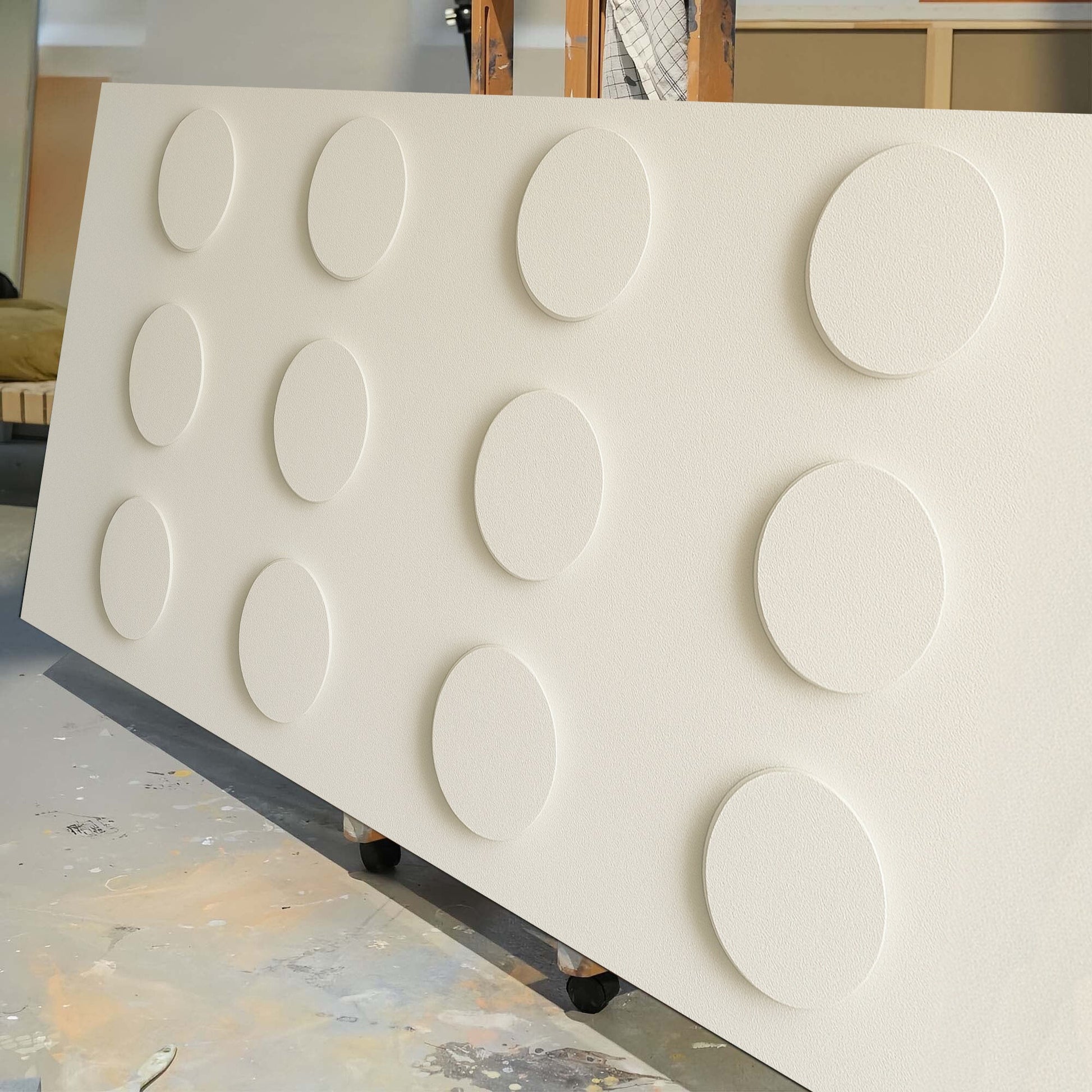 Modern Abstract Minimalist Wall Art II canvas with cream circular motifs Tailored Canvases on Tampa Home & Garden Store