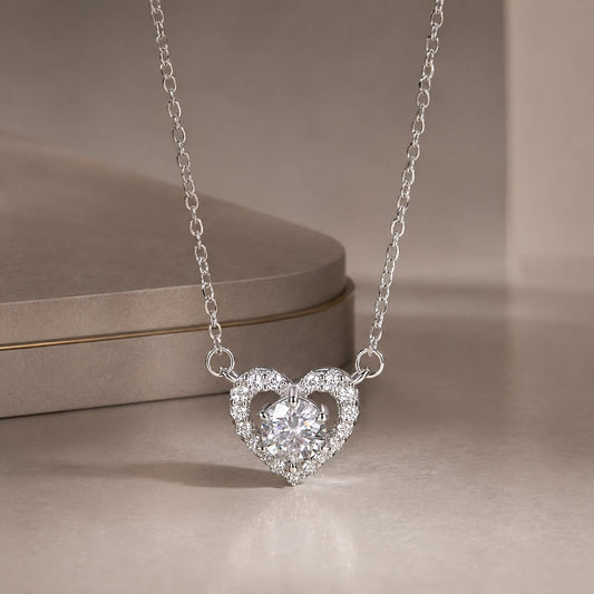 925 Sterling Silver Moissanite Heart Necklace with halo CZs and 0.5ct center stone on chain on Tampa Home & Garden Store