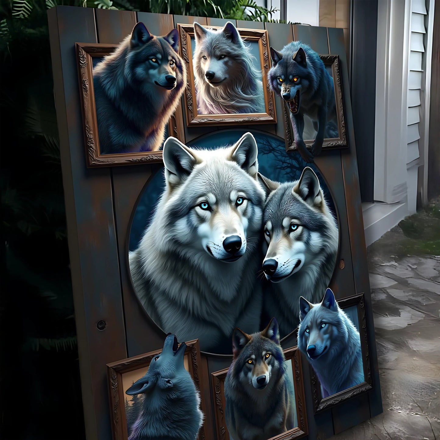 3D Wolf Collage Canvas wall art II framed wolf portraits in blue tones Tailored Canvases on Tampa Home & Garden Store