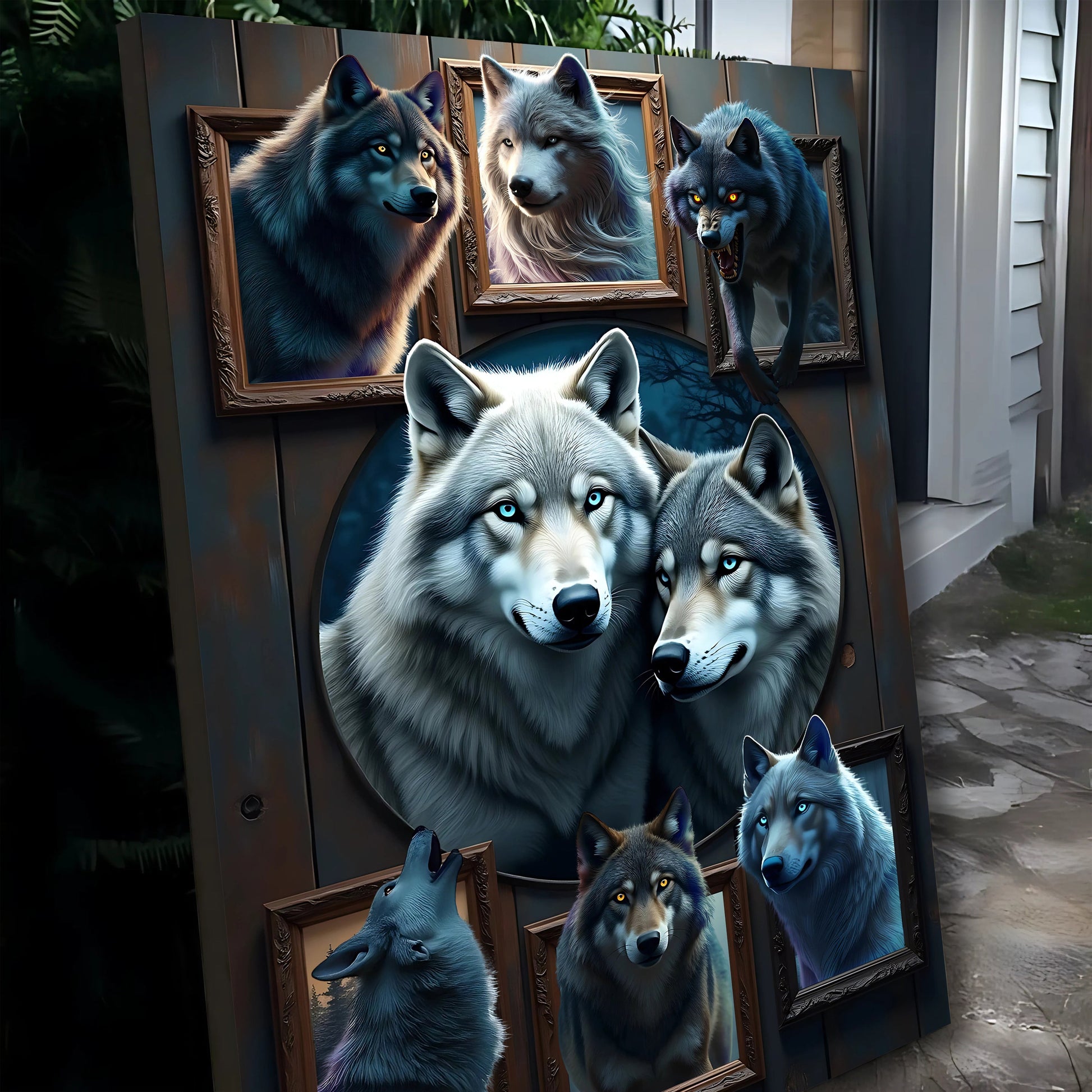 3D Wolf Collage Canvas wall art II framed wolf portraits in blue tones Tailored Canvases on Tampa Home & Garden Store