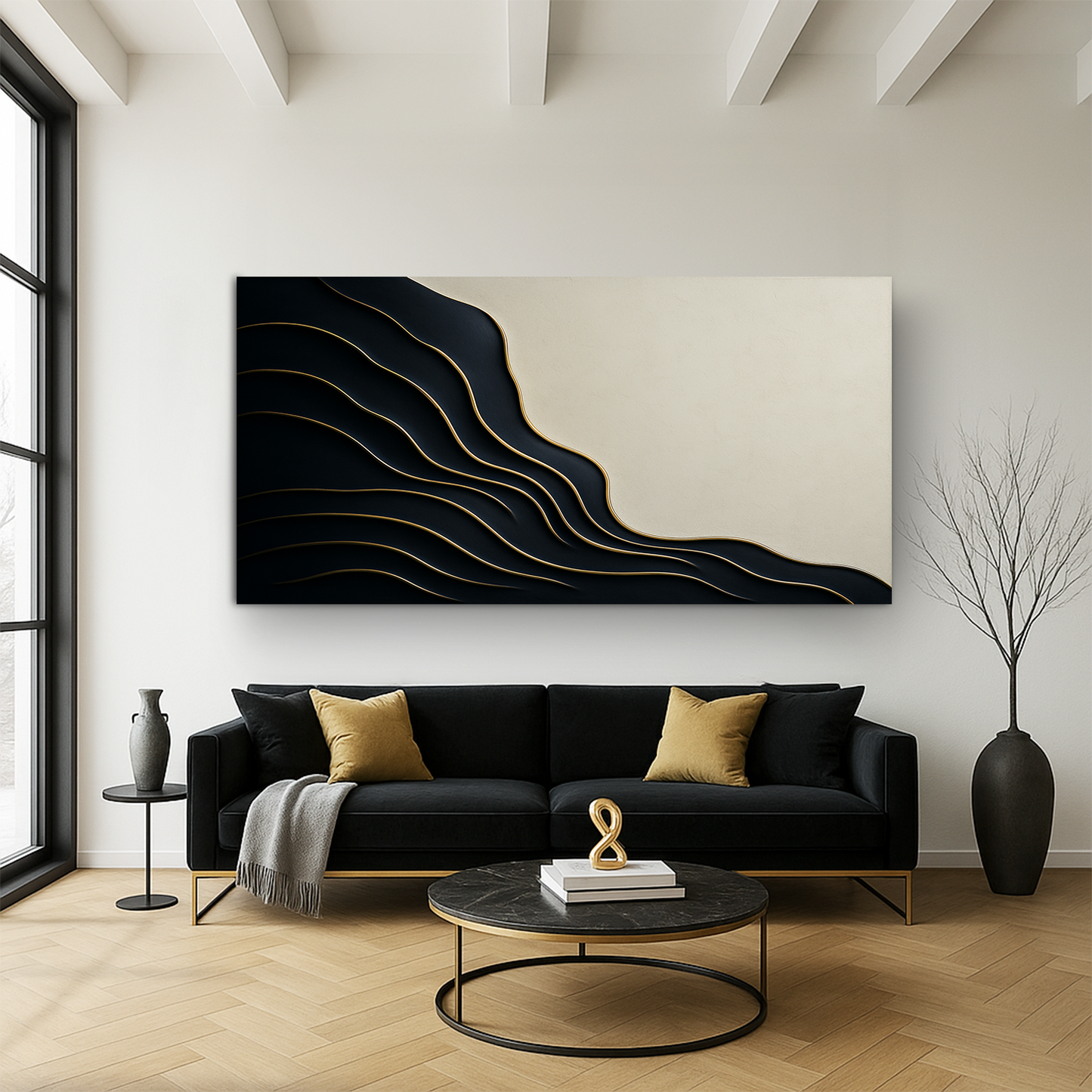 Black and Gold Minimalist Abstract Wall Art canvas by Tailored Canvases; black waves with gold edges on beige on Tampa Home & Garden Store