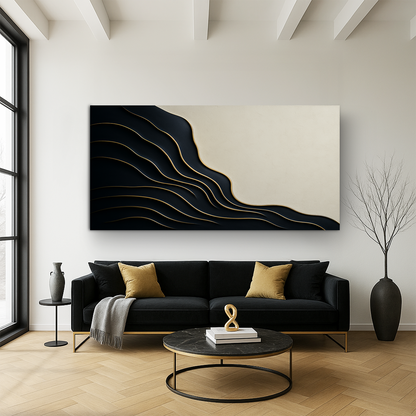 Black and Gold Minimalist Abstract Wall Art canvas by Tailored Canvases; black waves with gold edges on beige on Tampa Home & Garden Store