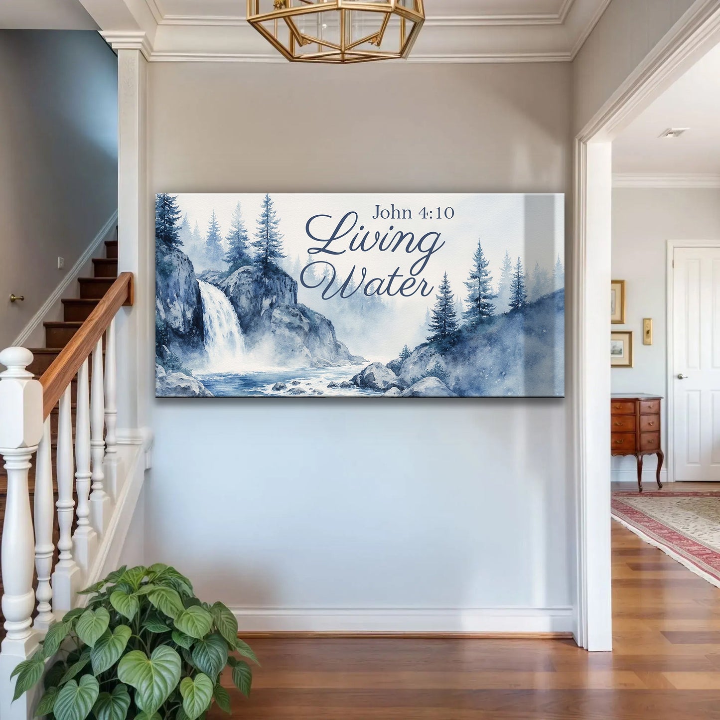 Living Water John 4:10 Faith Sign II canvas with blue forest landscape in hallway on Tampa Home & Garden Store