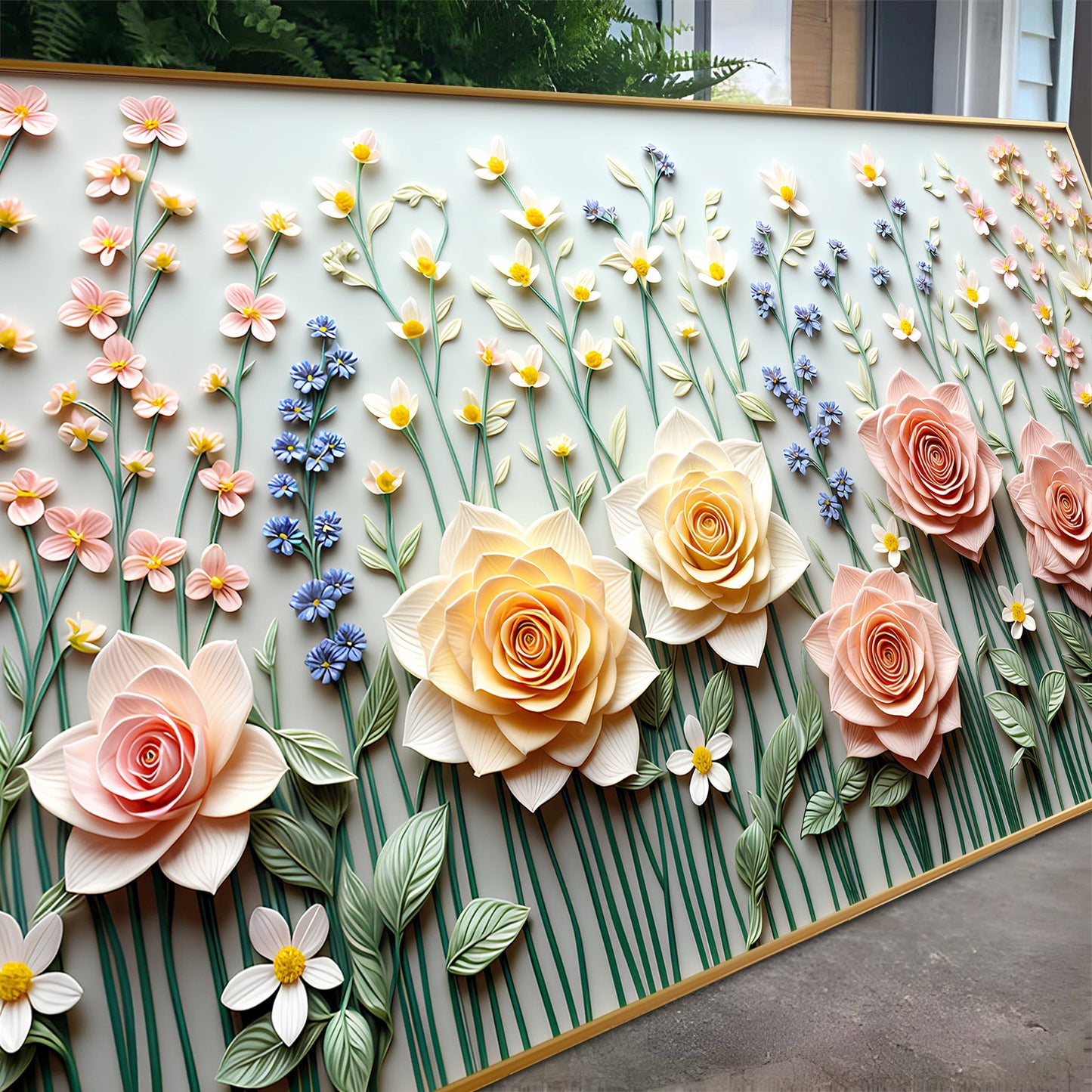 Garden Rhapsody canvas by Tailored Canvases pastel roses and white daisies on green stems on Tampa Home & Garden Store