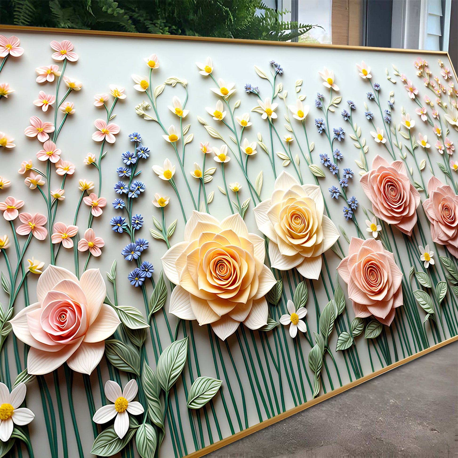 Garden Rhapsody canvas by Tailored Canvases pastel roses and white daisies on green stems on Tampa Home & Garden Store