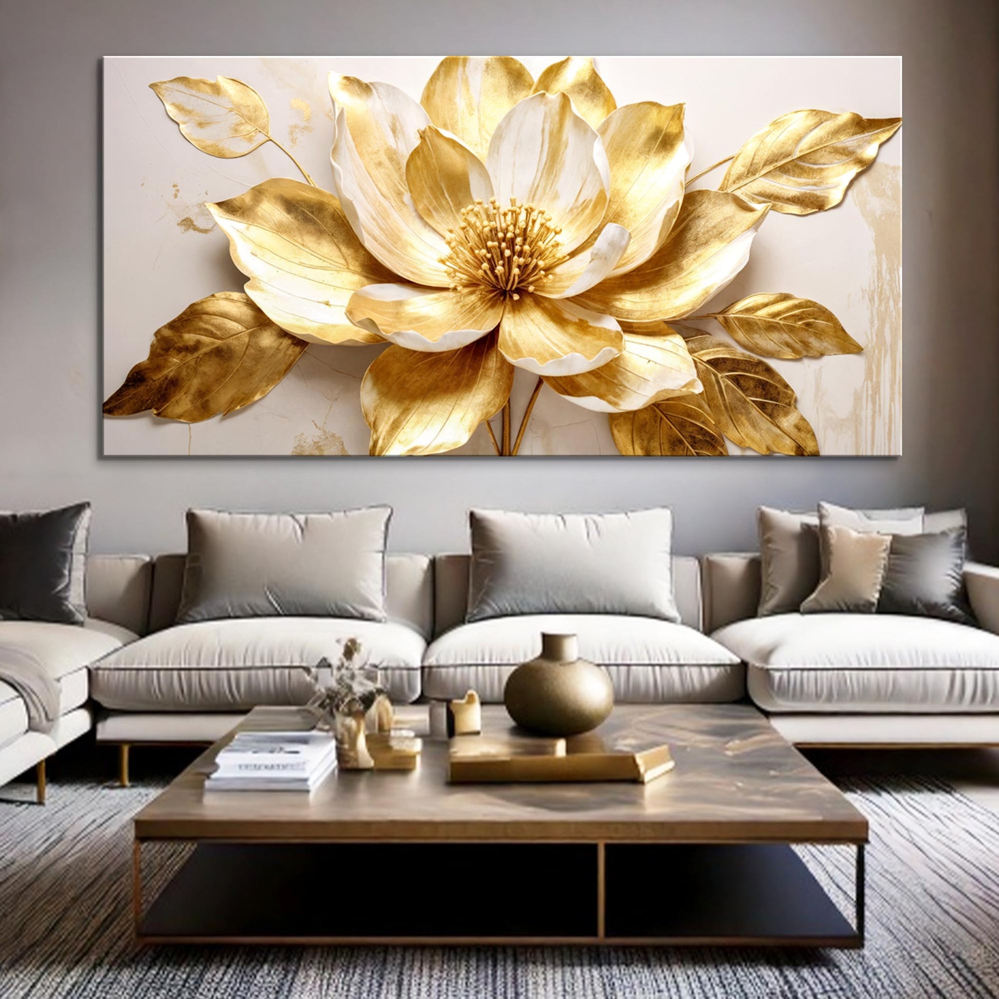 Golden Dandelion minimalist abstract canvas by Tailored Canvases with metallic gold bloom on Tampa Home & Garden Store