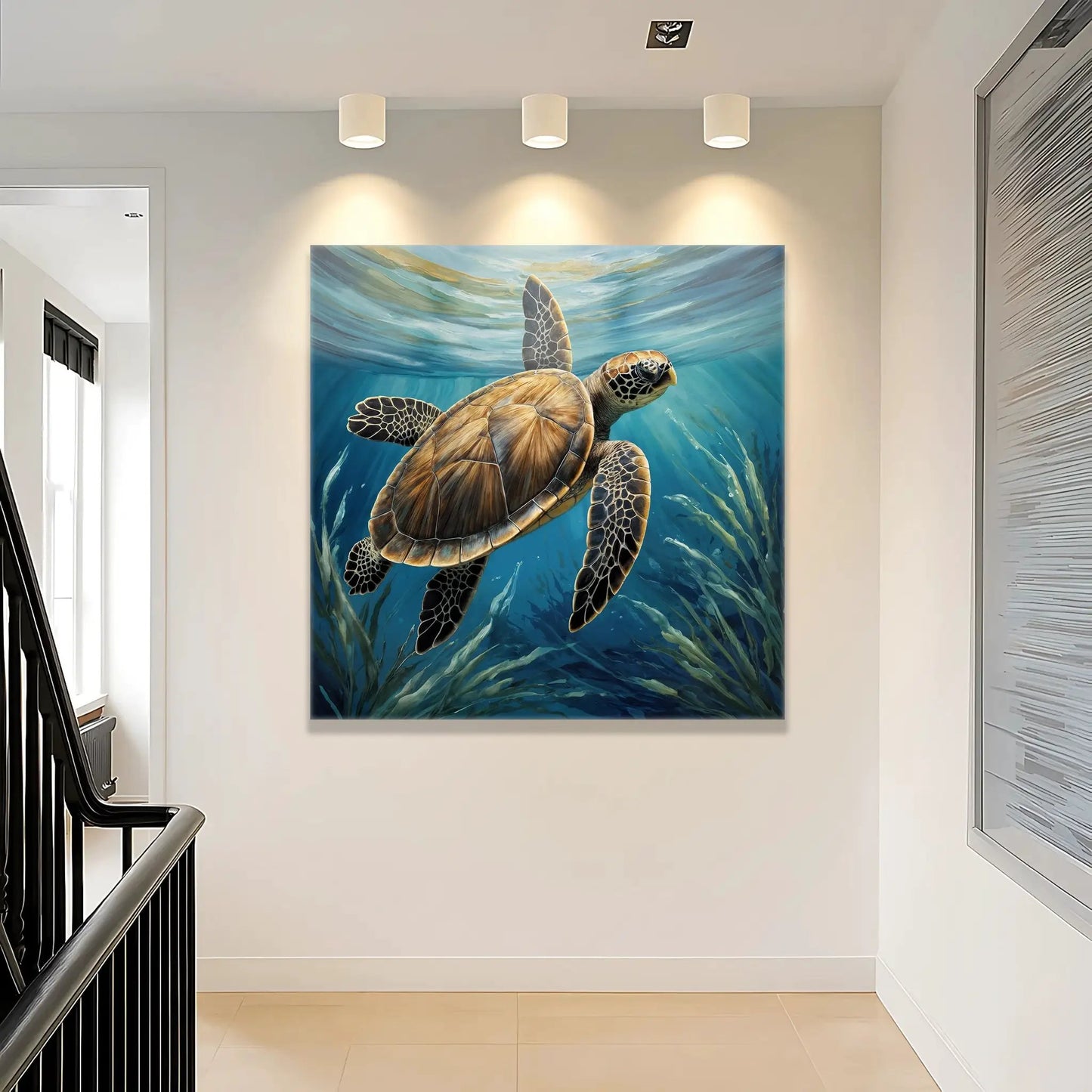 Turtle in Seagrass coastal wall art canvas with blue underwater scene by Tailored Canvases on Tampa Home & Garden Store