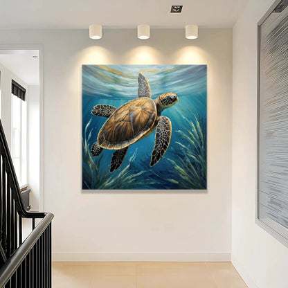 Turtle in Seagrass coastal wall art canvas with blue underwater scene by Tailored Canvases on Tampa Home & Garden Store