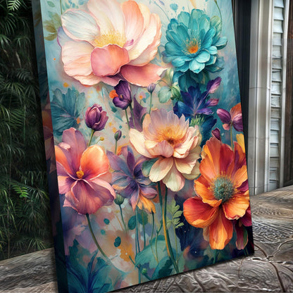 Spring Bouquet Wall Art canvas by Tailored Canvases featuring teal, peach and pink flowers on Tampa Home & Garden Store