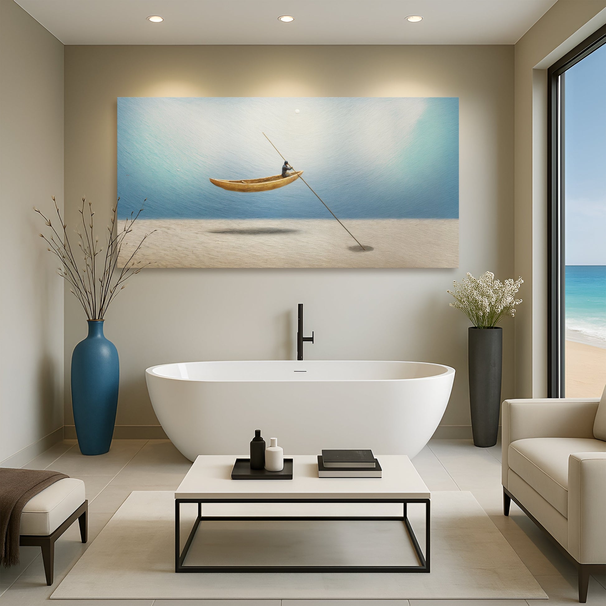 Sand Drifter Wall Art canvas by Tailored Canvases; blue seascape with lone rower on Tampa Home & Garden Store