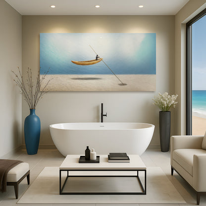 Sand Drifter Wall Art canvas by Tailored Canvases; blue seascape with lone rower on Tampa Home & Garden Store