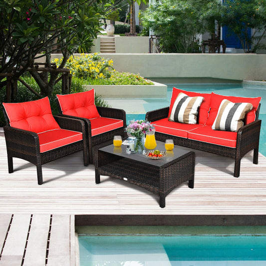 4 Pieces Outdoor Rattan Wicker Loveseat Furniture Set with Cushions-Red - Tampa Home & Garden Store
