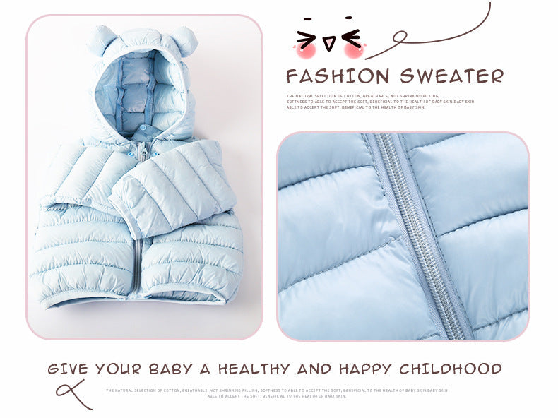 Baby blue Stevvex puffer jacket for babies with hood, front zipper, bear ears, two views on Tampa Home & Garden Store