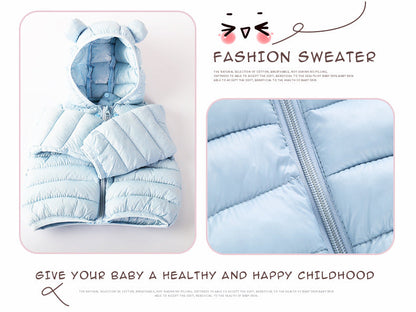 Baby blue Stevvex puffer jacket for babies with hood, front zipper, bear ears, two views on Tampa Home & Garden Store