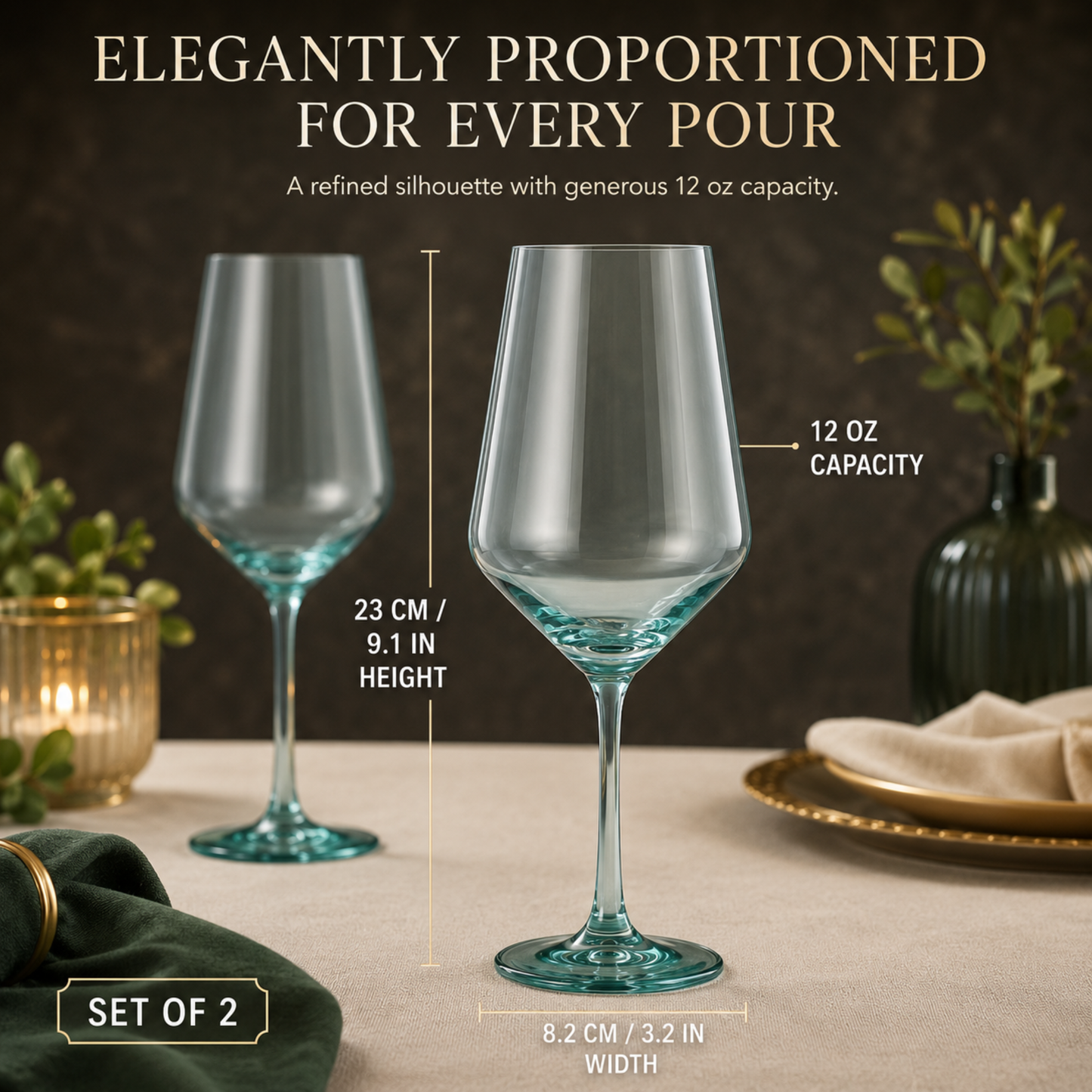 Elegant Set of Two Forest Green Stemmed Glasses