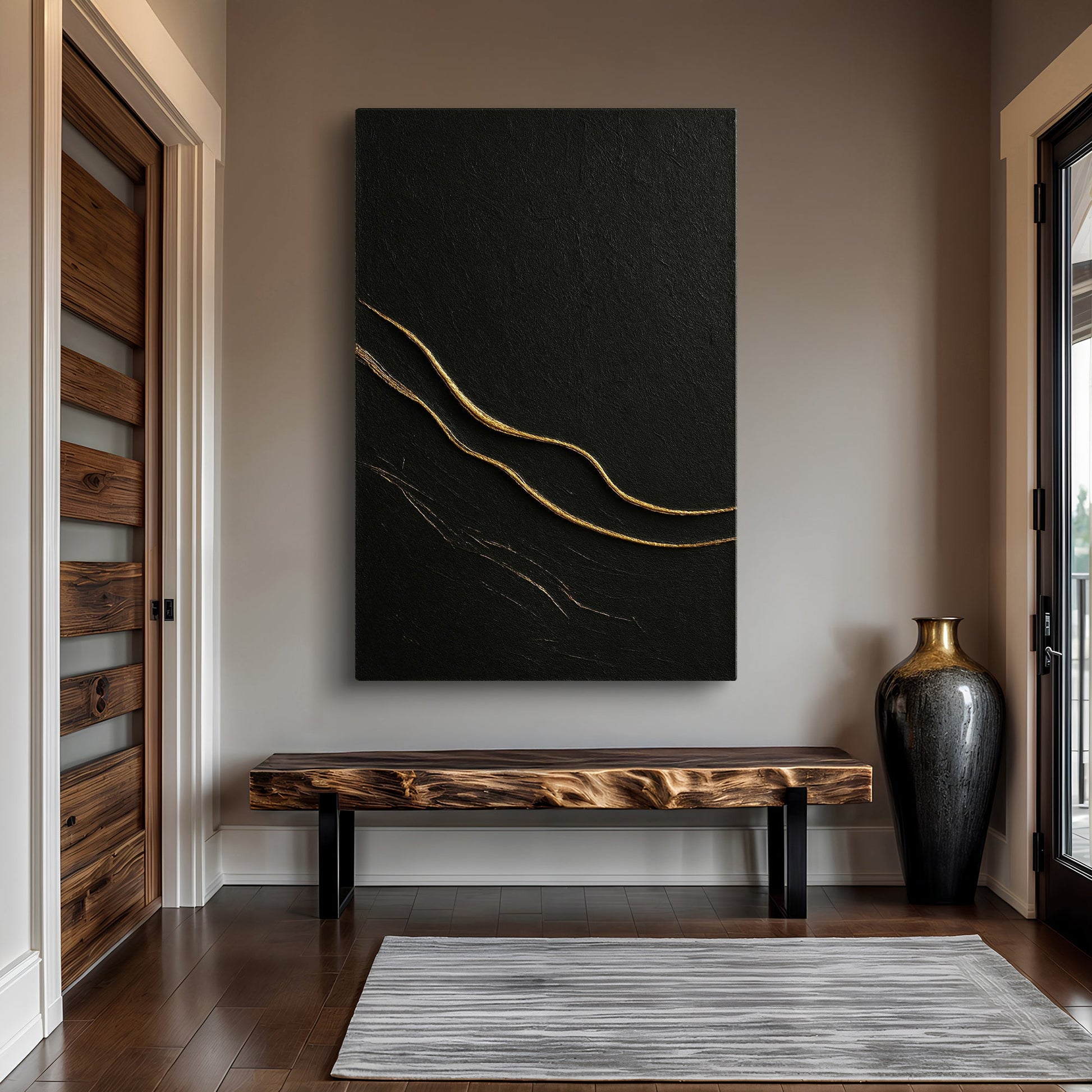 Modern Abstract Wall Art VIII canvas by Tailored Canvases with black texture and gold lines on Tampa Home & Garden Store
