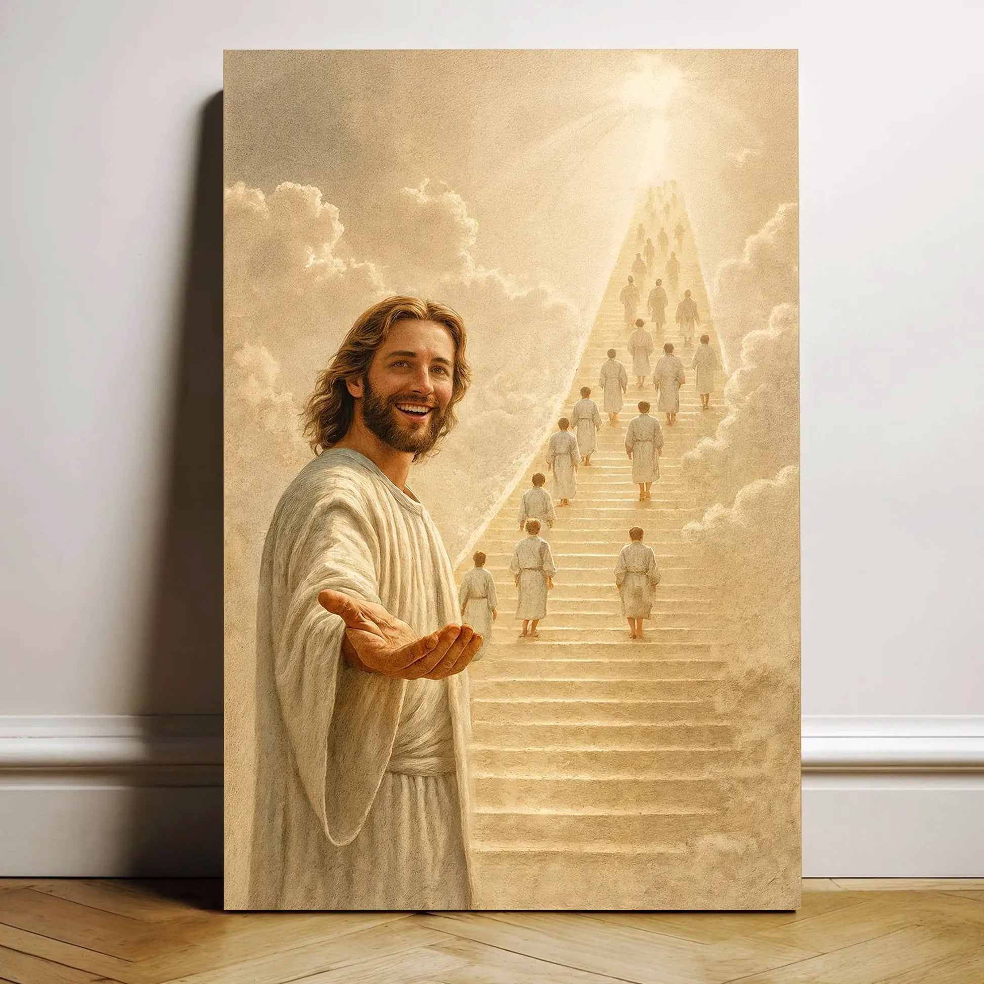 Stairway To Heaven Faith Wall Art canvas; sepia-toned print of a radiant stairway toward heaven on Tampa Home & Garden Store