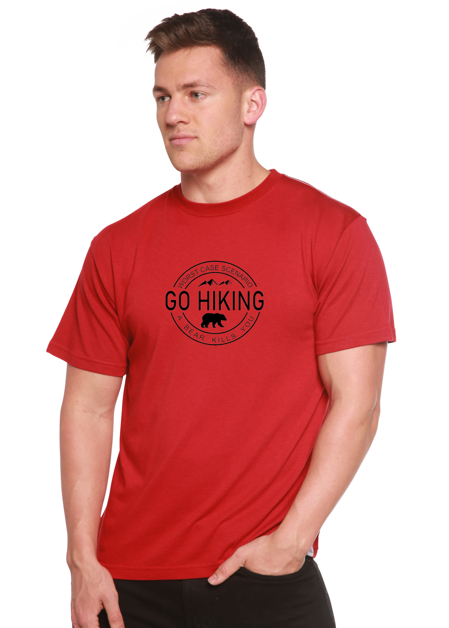 Go Hiking men's graphic T-shirt red bamboo viscose organic cotton short sleeve printed tee on Tampa Home & Garden Store