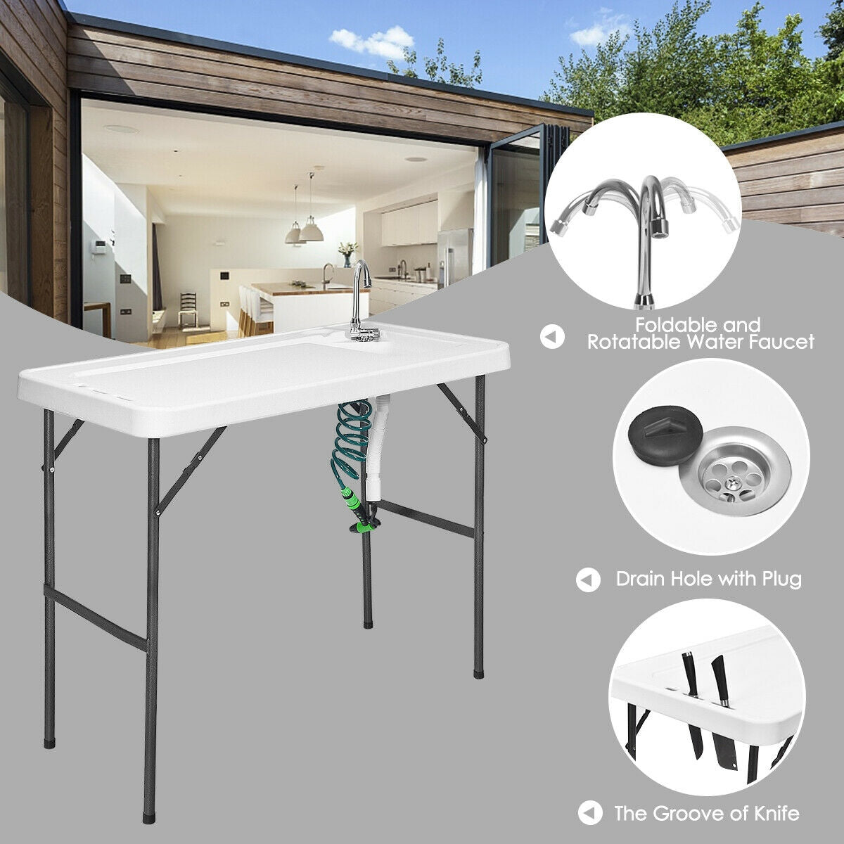 GemGear folding camping table with sink faucet and sprayer, white top, black legs, knife slots on Tampa Home & Garden Store