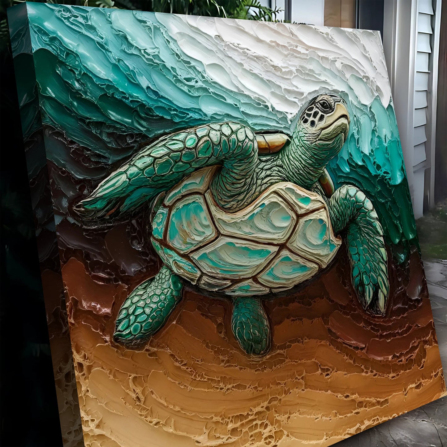 3D Turtle Wall Art canvases Tailored Canvases teal ocean hues with textured shells on Tampa Home & Garden Store