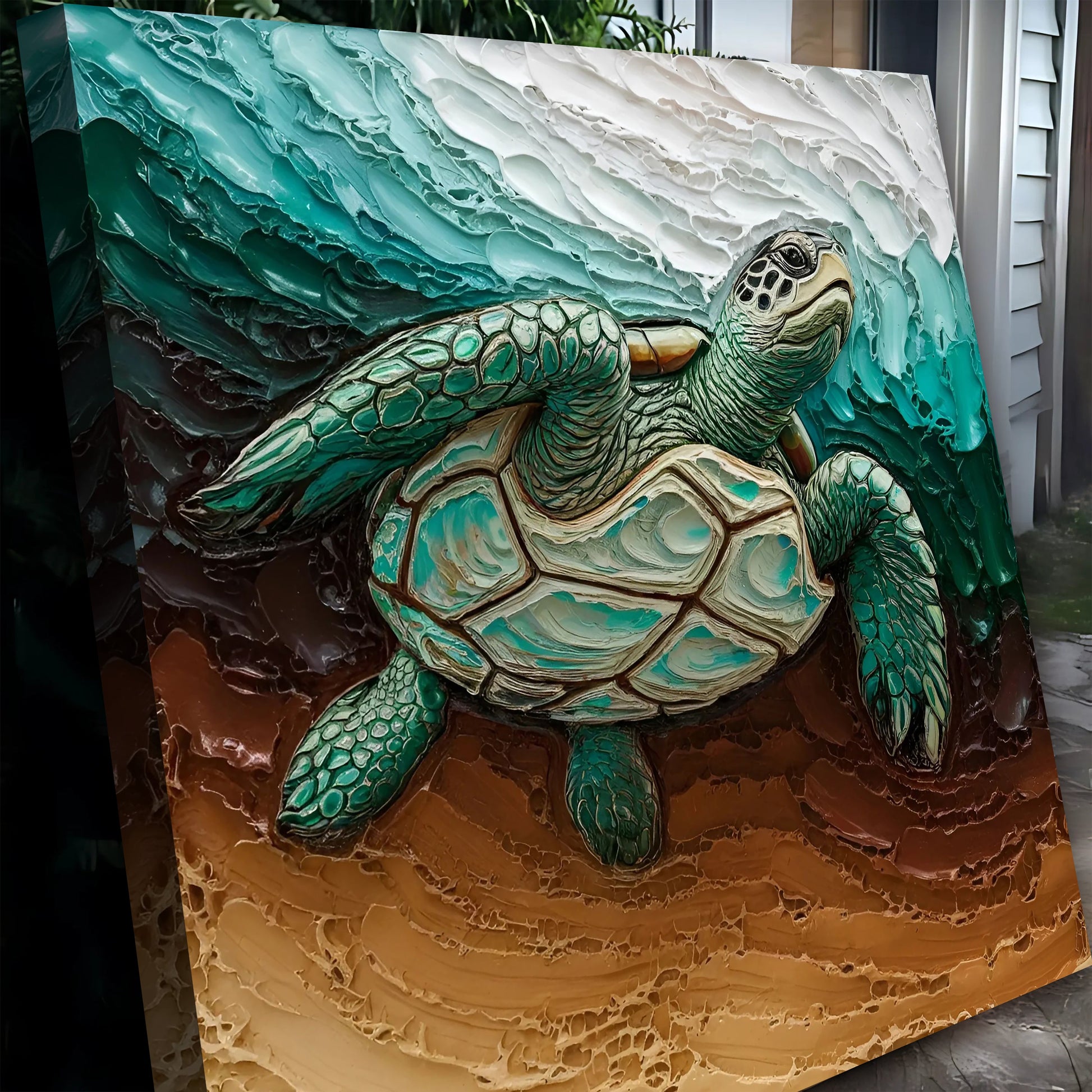 3D Turtle Wall Art canvases Tailored Canvases teal ocean hues with textured shells on Tampa Home & Garden Store