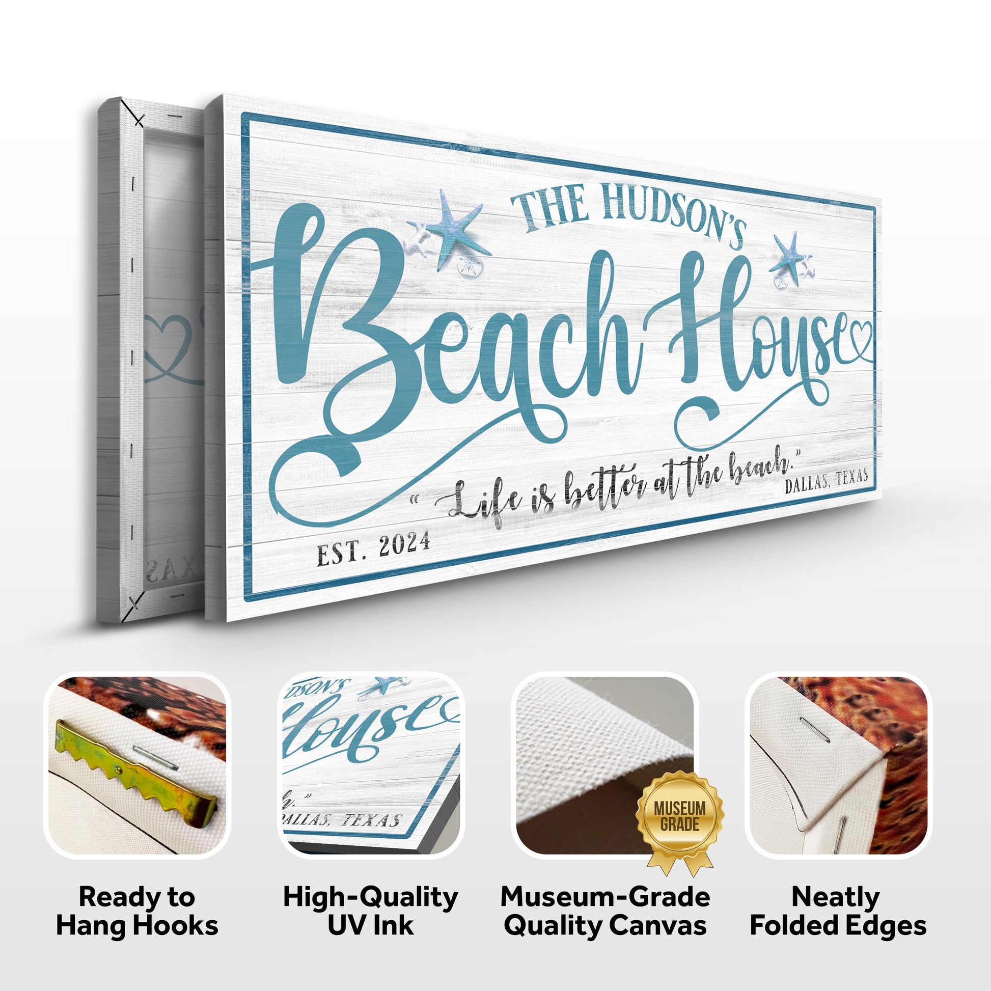 Canvas Personalized Beach House Sign II with whitewashed wood and teal script on Tampa Home & Garden Store