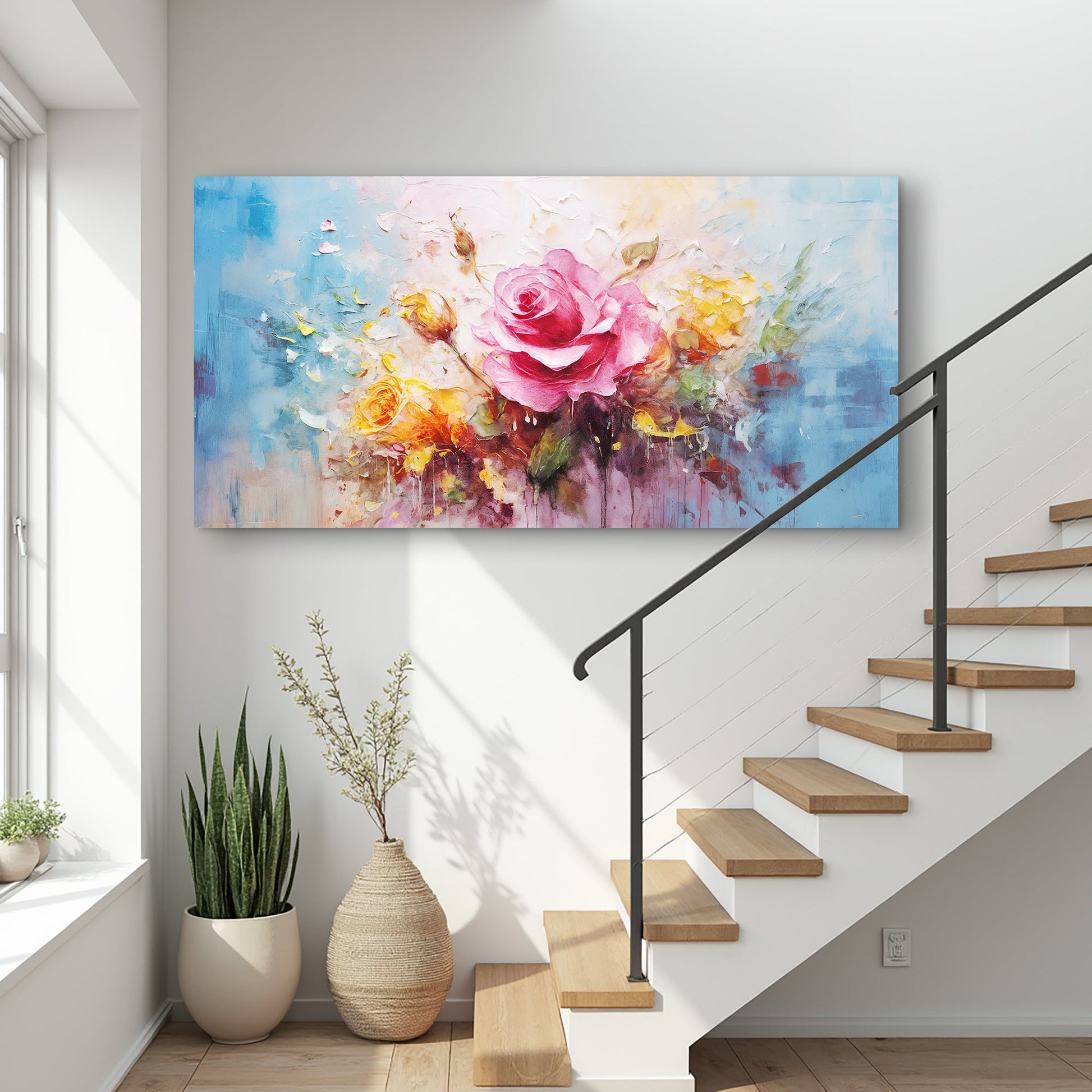 Rose Flower Wall Art canvas by Tailored Canvases with pink rose on blue background textured paint on Tampa Home & Garden Store