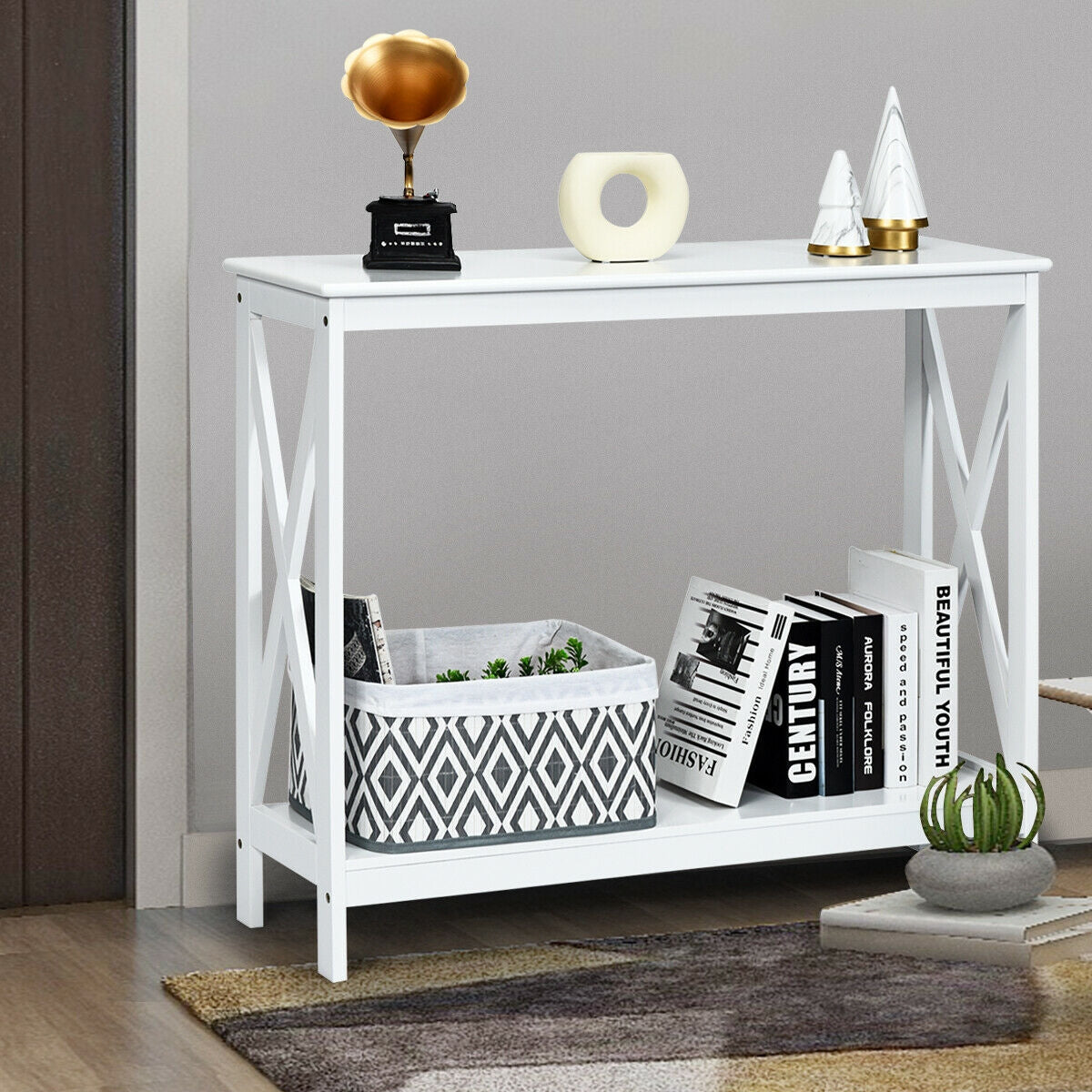 2-Tier Console X-Design Sofa Side Accent Table, white finish with crisscross legs and lower storage shelf on Tampa Home & Garden Store