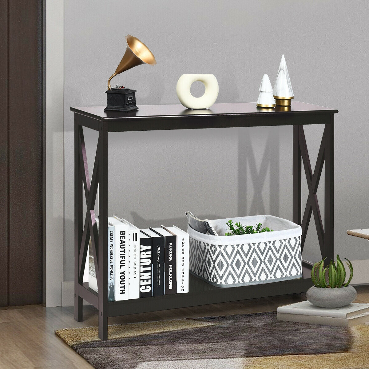 DirectDeals 2-Tier X-Design Console Sofa Side Accent Table, dark frame with wood-toned top on Tampa Home & Garden Store