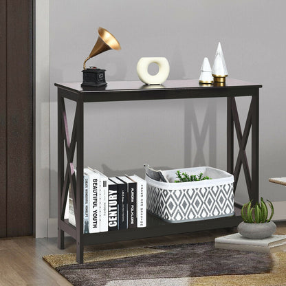 DirectDeals 2-Tier X-Design Console Sofa Side Accent Table, dark frame with wood-toned top on Tampa Home & Garden Store