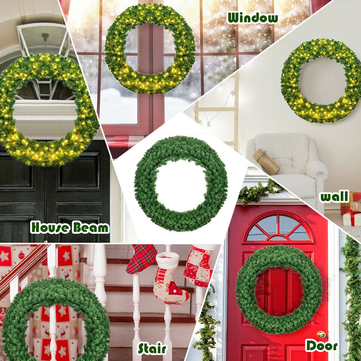 DirectDeals 48 Inch pre-lit cordless artificial Christmas green wreaths; six shown on doors, windows, walls on Tampa Home & Garden Store