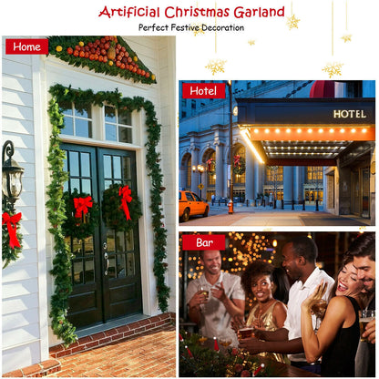 9 Feet Pre-Lit Artificial Christmas Garland with LED Lights: green with red bows framing a doorway on Tampa Home & Garden Store