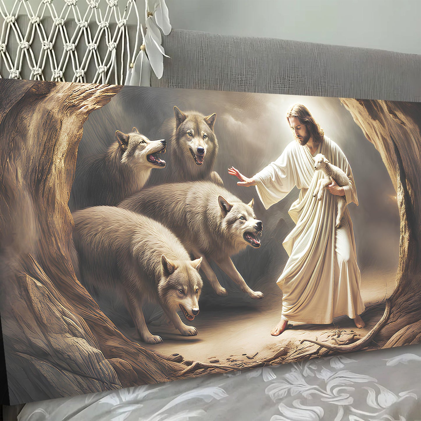 Jesus Protects The Lamb From Wolves Faith Wall Art III canvas by Tailored Canvases crafting canvas on Tampa Home & Garden Store