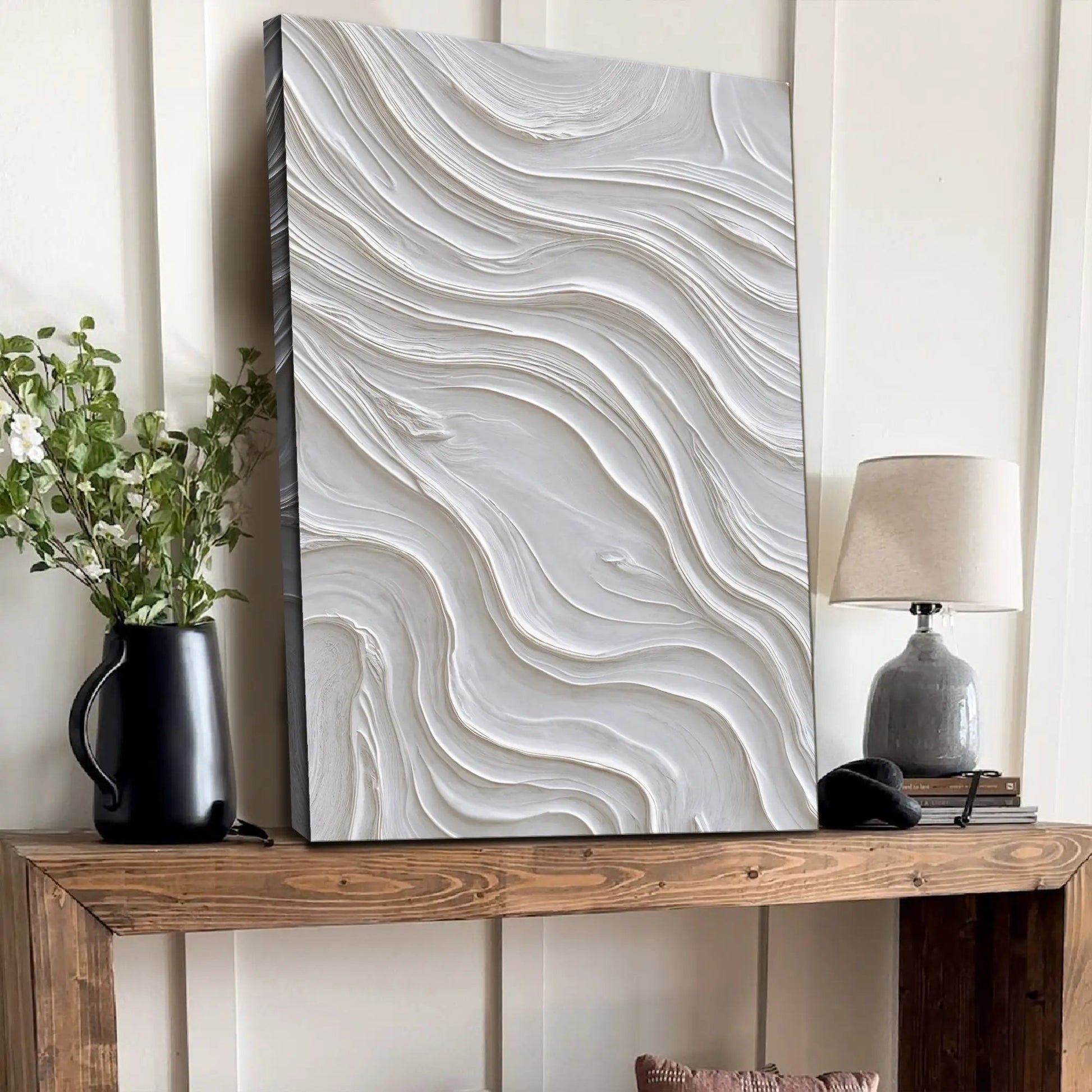 Minimalist Ocean Wave Wall Art canvas with white-gray textured swirls Tailored Canvases on Tampa Home & Garden Store