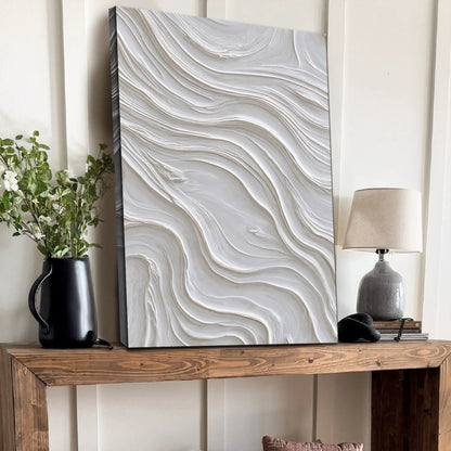 Minimalist Ocean Wave Wall Art canvas with white-gray textured swirls Tailored Canvases on Tampa Home & Garden Store