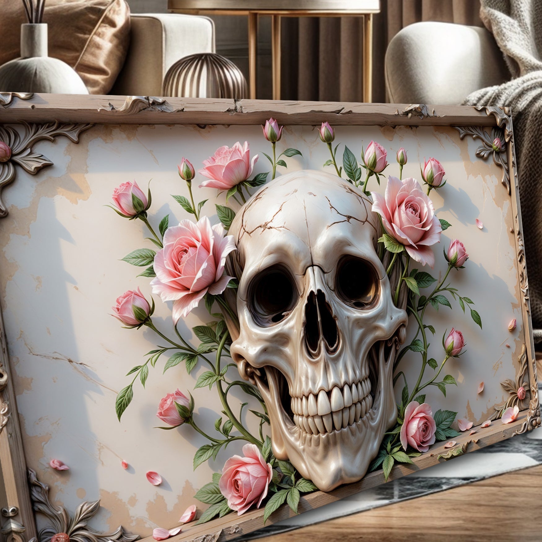 3D Rose and Skull Canvas Wall Art by Tailored Canvases with pink rose accents on Tampa Home & Garden Store