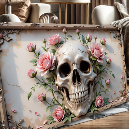 3D Rose and Skull Canvas Wall Art by Tailored Canvases with pink rose accents on Tampa Home & Garden Store