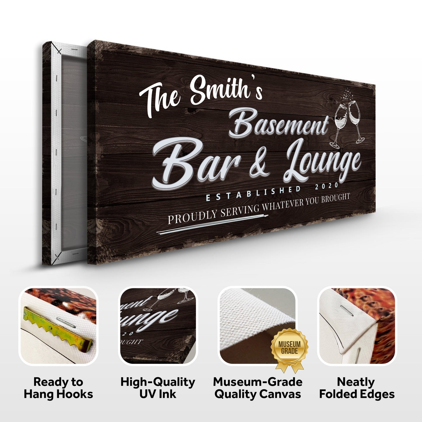 Basement Bar & Lounge Sign IV crafting canvas by Tailored Canvases with dark wood grain finish on Tampa Home & Garden Store