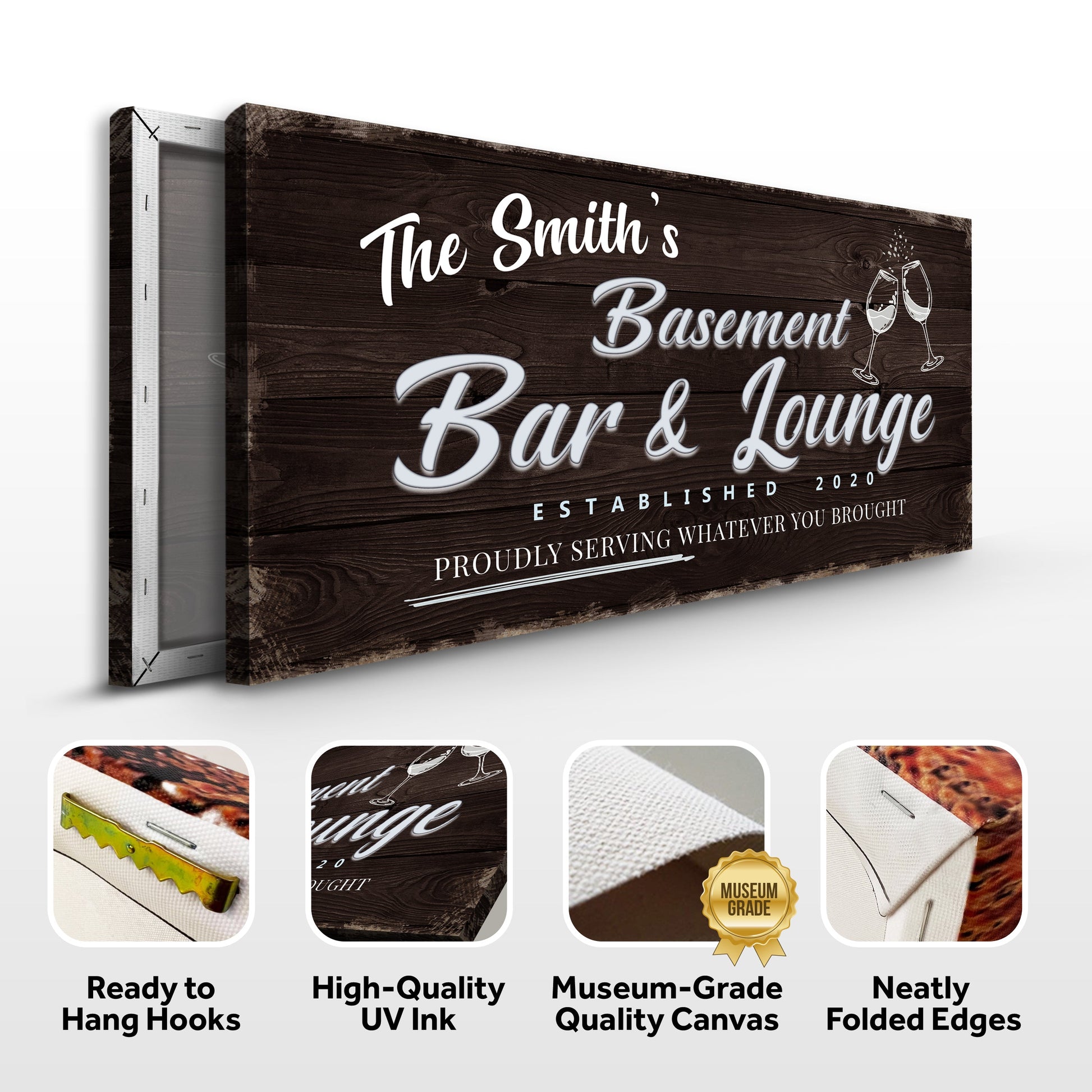 Basement Bar & Lounge Sign IV crafting canvas by Tailored Canvases with dark wood grain finish on Tampa Home & Garden Store