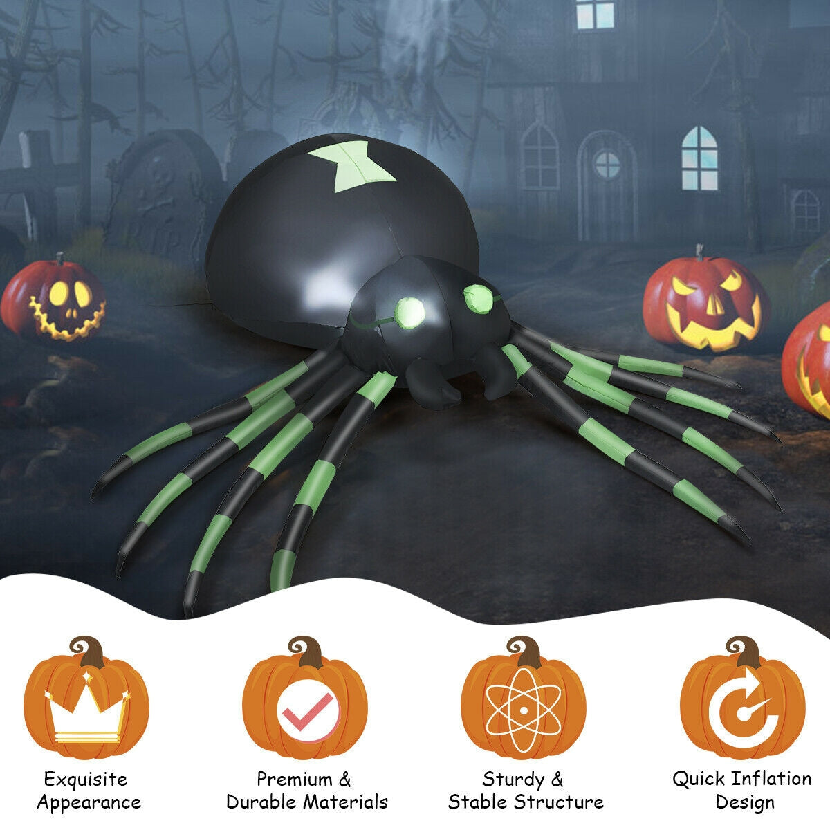 6 ft DirectDeals Halloween inflatable spider with black body and lime-green legs on Tampa Home & Garden Store