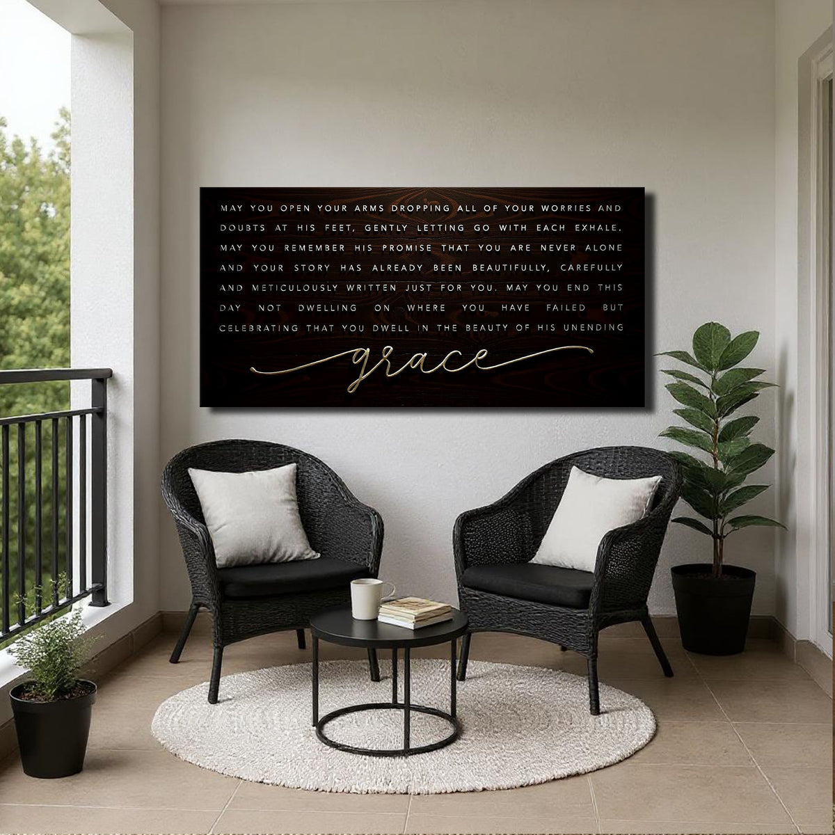 Unending Grace Faith Sign IV canvas wall art with white text on dark wood background by Tailored Canvases on Tampa Home & Garden Store