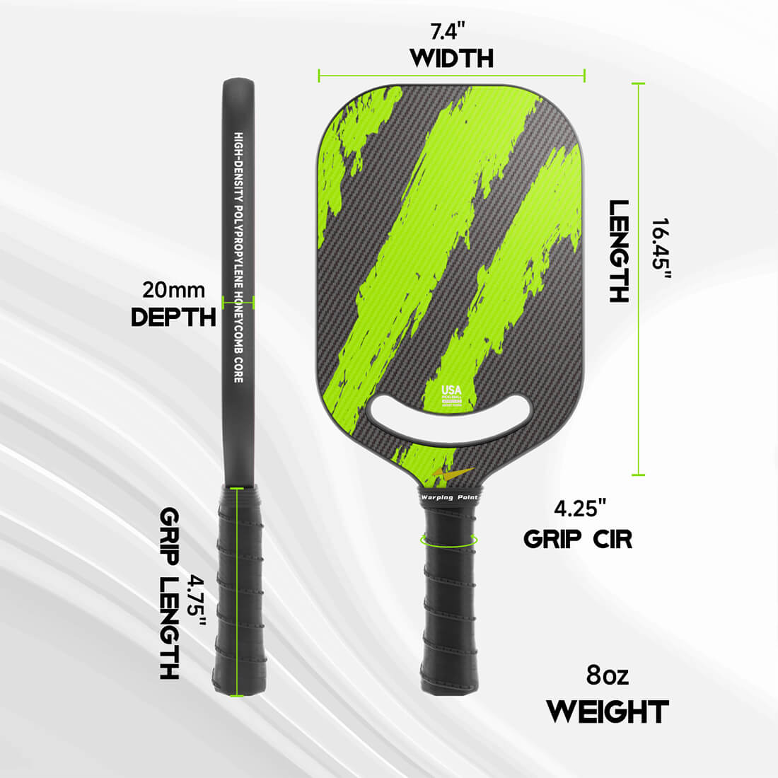 Ascent Pickleball Paddle - Control by Warping Point, lime green/black carbon pattern, 16.45in on Tampa Home & Garden Store