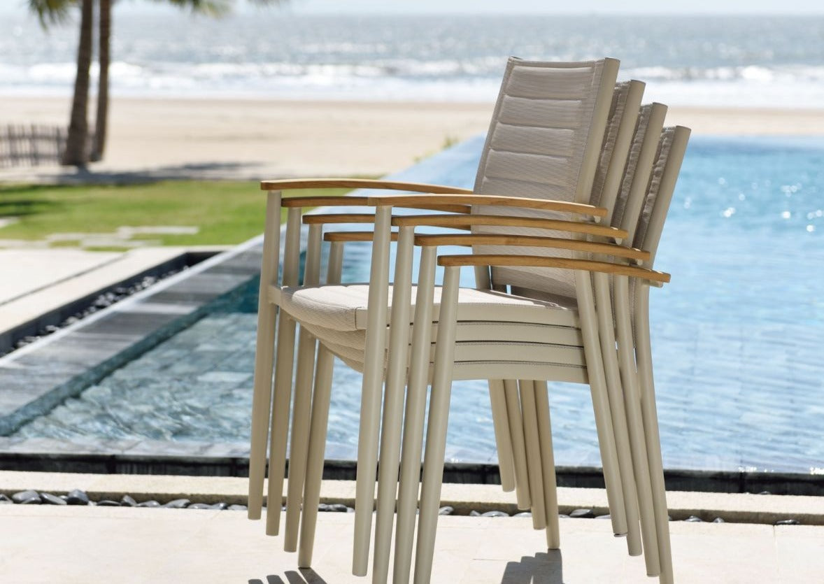 Portals Light Lite 2pc Stacking Armchairs beige seats with wood armrests outdoor chairs on Tampa Home & Garden Store
