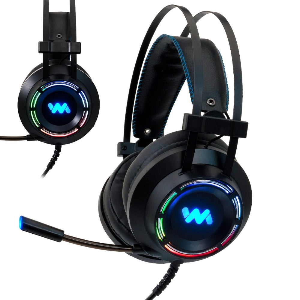 Stevvex ST10S4237IUQ gaming headset with mic, RGB LED rings on black ear cups, two headsets on Tampa Home & Garden Store