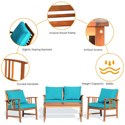 Juego de Muebles de Patio de Madera de 4 Piezas con Mesa, Sofá, Silla y Cojines para Jardín