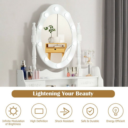 Juego de tocador de maquillaje con bombillas regulables y taburete acolchado - Blanco